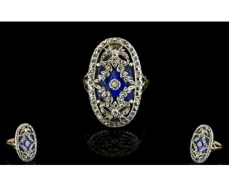 A Victorian Marcasite And Enamel Ring Oval ring with fleur de lys shoulder detail, the central oval section finished with blu