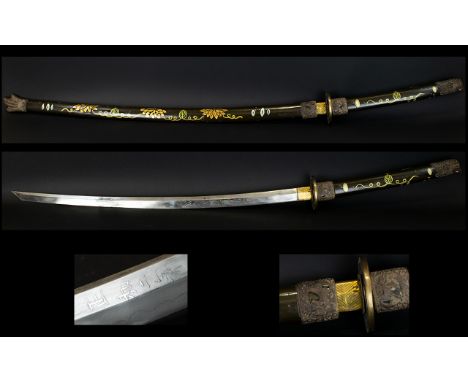 A 20th Century Oriental Style Samurai Sword With Lightly Etched Blade And Character Marks. Painted Wooden Scabbard With Metal