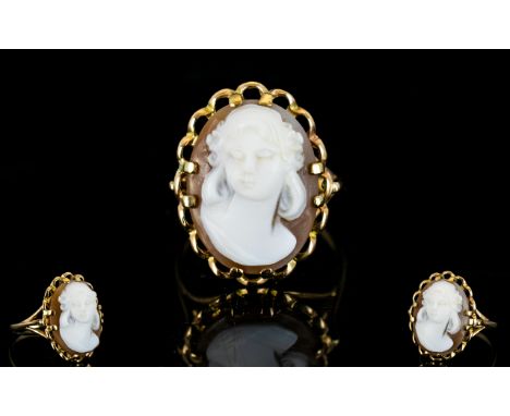 9ct Gold Set Oval Shaped Cameo Dress Ring, with Openwork Setting, Depicts Portrait of Young Woman. Fully Hallmarked. Ring Siz