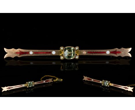 Art Nouveau Period Attractive - 9ct Gold Citrine and Enamel Set Brooch with 9ct Gold Safety Chain. Marked 9ct Gold, Please Se
