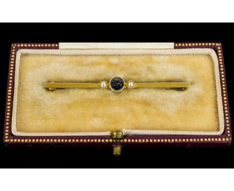 Antique 15ct Gold Attractive Lavender Sapphire and Seed Pearl Set Stick Brooch. Marked 15ct. In Original Elkington &amp; Co, 