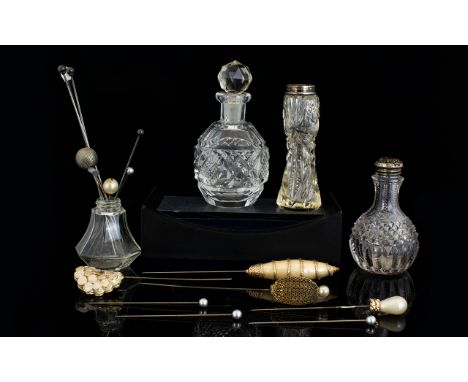 Small Mixed Lot Comprising Stick Pins, Small Glass Bottles, One With Silver Top.