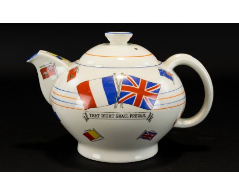 Teapot 'War Against Hitlerism'.  Decorated teapot with 'Liberty &amp; Freedom' banner and flags.  Issued as souvenir for Dyso