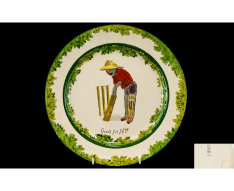 Royal Doulton Early and Rare Series-Ware Cabinet Plate, All Black Cricket Team. Titled ' Good For Fifty ' Black Boy Batting. 