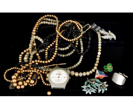 A Small Collection of Costume Jewellery to include beads, faux pearls, enamel flower brooch with a/b crystal detail, enamel g