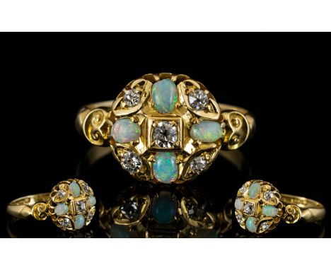 Edwardian Period Superb Quality and Attractive 18ct Gold Diamond and Opal Cluster Ring, Flower head Design. Hallmark Birmingh