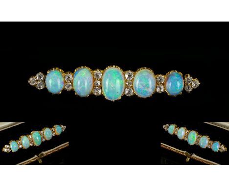 Victorian Period 18ct Gold Superb Quality &amp; Stunning Opal &amp; Diamond Set Brooch.  The five-top quality oval shaped cab