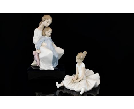 Nao by Lladro Hand Painted Porcelain Figures ( 2 ) In Total. Comprises 1/ A Moment with Mother - Mother and Daughter In Night