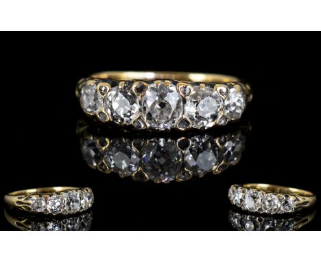 Antique Period - 18ct Gold Superb Quality 5 Stone Diamond Set Dress Ring, Gallery Setting, The Five Cushion Cut Diamonds of G