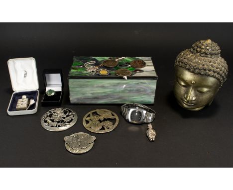 A Tibetan Buddha Head And Jewellery Box Containing Costume Jewellery To include, gents Timex watch, sterling silver scent bot