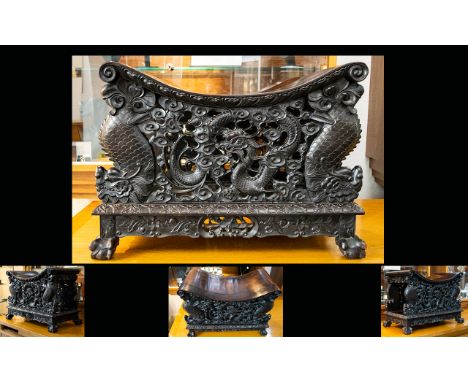 Chinese Late 19th Century Elaborately Carved Dragon Zitan & Hongmu Throne/Stool.  Impressive item, the central carved panels 