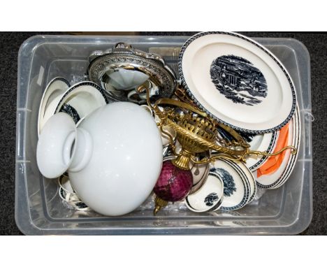 Box of Assorted Ceramics to include metalware, an oil style lamp with electric wiring, and a part set of Wedgwood 'Etruna' et
