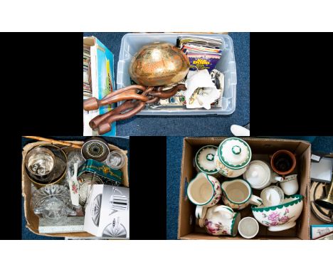 Three Boxes of Assorted Ceramics and Collectables including brass ware 'Art Deco' boxed teapot 'Stellar' glass ware, silver p