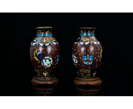 A Pair of 4.1/4 Inches High Oriental Cloisonne Enamel Vases with Wood Stands. 