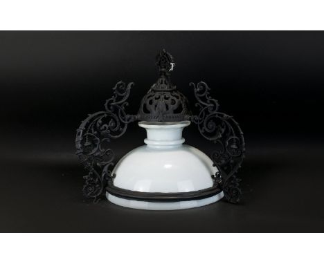 A Traditional Dutch Ceiling Lamp Antique glass lamp with cast metal  filigree arms and pulley chain hanging. Good condition