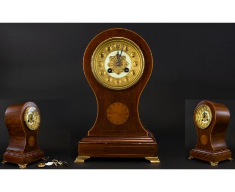 Japy Freres Edwardian Period 8 Day Striking Mahogany Inlaid Balloon Shaped Mantel Clock. Japy Freres Name to Back Plate. Pend