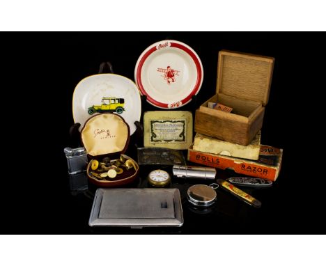 A Mixed Collection Of Vintage Cases, Razors, Cufflinks And Smoking Accessories A varied box containing a box of mixed studs a
