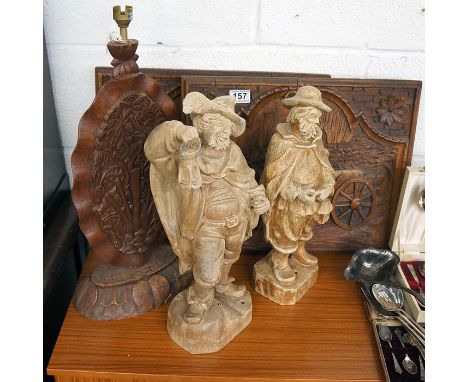 2 carved panels, carved lamp base and 2 resin figures