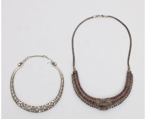 India, silver alloy necklace set with cabochon cut ruby an tourmalines, and Thailand, silver alloy choker necklace hereby a p