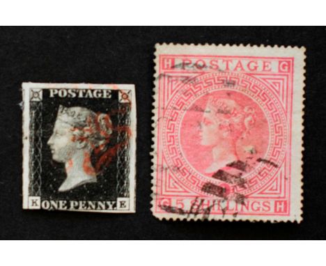 1840 1d Black lettered K-E good colour, 3 margins cut into at lower SW corner, with a light red MX cancel. Also an 1867 5/- p