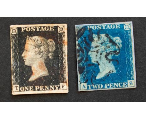 1840 Black and Blue pair - 1d black lettered T-F with 3 margins, 4th margin shaved lower left, with light red MX cancel. 2d B