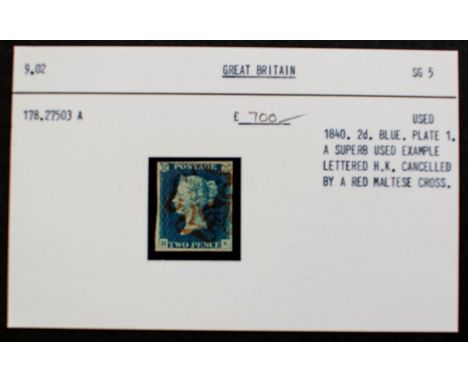 1840 2d Blue - Superb 4 margin example, plate 1, lettered H-K cancelled with a light red MX. Previously supplied by Stanley G
