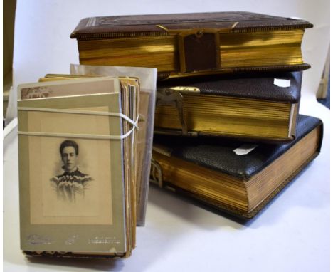 Vintage Photo Albums with some Boer War Postcards - Large plastic box with 3 superb old photo albums, 2 with old family photo