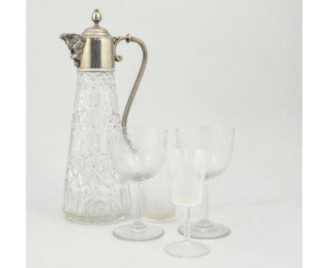 Flared cut glass vase, height 38cm, vases, decanters, table lamp and Edwardian etched glassware, (quantity).