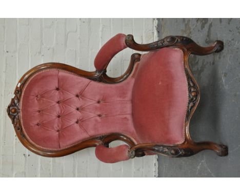 Victorian walnut armchair, hoop back with carved cresting, scrolled arms, serpentine seat, cabriole legs, button dralon uphol