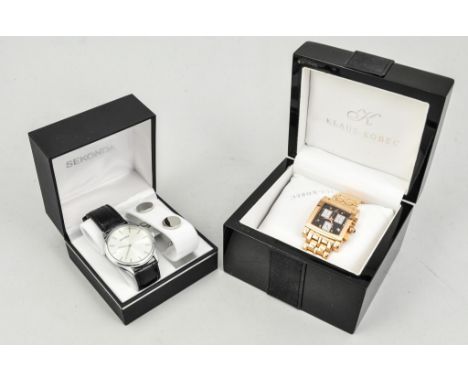 Klaus-Kobec stainless steel gold plated chronograph, the face set with three diamonds, presentation cased, three other watche