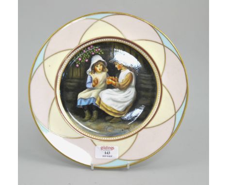 Coalport cabinet plate, painted with girls playing cats cradle by Manfred Pinter, diameter 27cm.