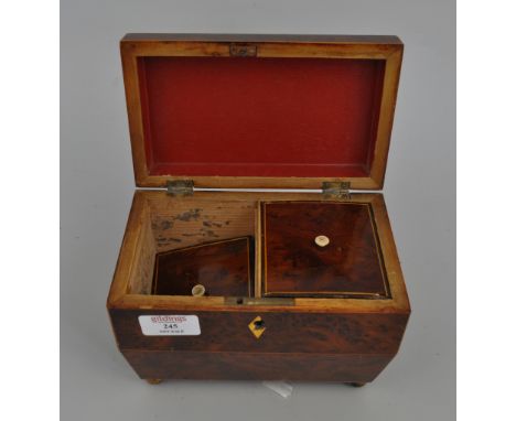 Victorian yew wood tea caddy, two compartment interior, brass ball feet, width 19cm, (a.f.), and a Victorian walnut brass and