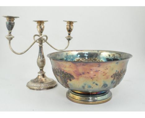 Silver plated three light candelabra, height 30cm and a quantity of silver plate and metalware and spirits.