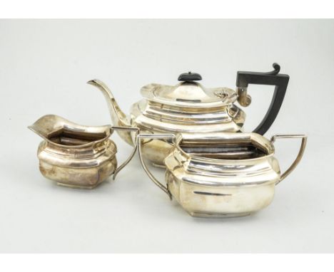 Silver three piece tea set, WA, Birmingham, comprising tea pot with composition handle and finial, milk jug and sugar bowl, 3