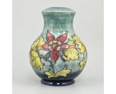 Moorcroft baluster shaped lamp base, Honeysuckle pattern on shaded blue ground, 27cm.