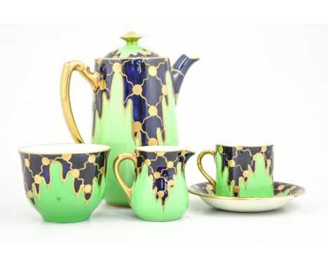 Regal ware Art Deco style coffee set, Arras pattern, comprising a coffee pot, milk jug, sugar bowl, six cans and saucers.