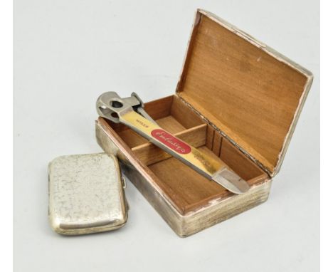 Silver cigarette box, rectangular form with engine turned decoration, cedar lined, 14cm, marks worn, a silver plated cigarett