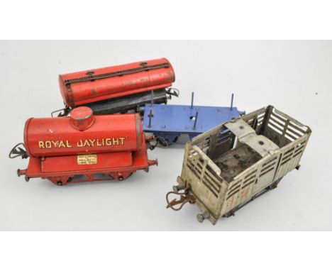 Hornby tin plate O gauge model train set, with tin plate engine shed, etc, (quantity).