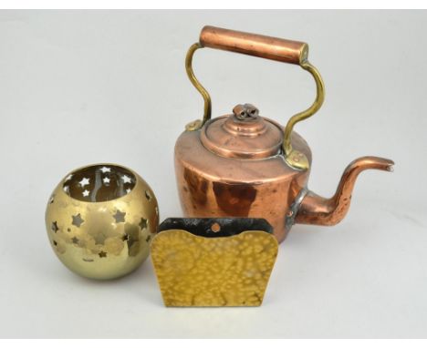 Victorian copper and brass kettle, brass ladle and other brass, (quantity).