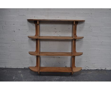 Pine open wall shelf, bowfront shelves, width 93cm.