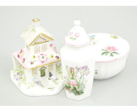 Three Coalport bone china cottages, Clematis Cottage,  The Orangery and Enchanted Folley, Coalport ornamental posy, each boxe