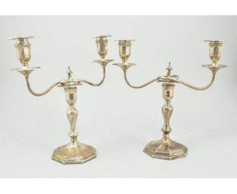Pair of silver twin light candelabra, octagonal form with scrolled branches, Hawkesworth Eyre and  Co. Limited, Sheffield 191
