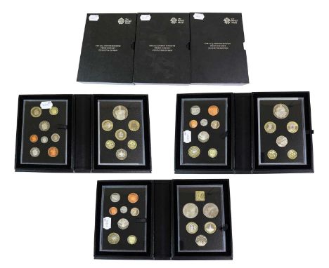 ♦3 x The UK Proof Coin Set Collector Editions, to include: 2013 Collector 15-coin set, comprising commemorative £5 '60th Anni