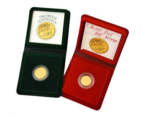 Elizabeth II, Proof Sovereign 1980, obv. Machin portrait of the Queen, rev. Pistrucci, and an Elizabeth II proof half soverei