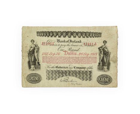 Bank of Ireland £1, 26th September 1918, 1908-1919 issue, obv. red and black lettering, Hibernia standing with harp at left a