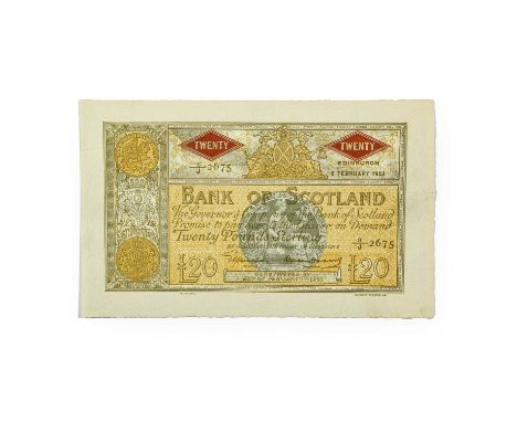 Bank of Scotland, £20 1953, 1935-1965 Issue, obv. Scottish arms in medallic panel left, Fortuna seated at centre, denominatio