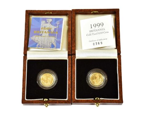 2 x Elizabeth II, Gold Proof £10 (⅒ oz) Britannia: 1999 obv. Rank-Broadley portrait of the Queen, rev. Britannia standing wit