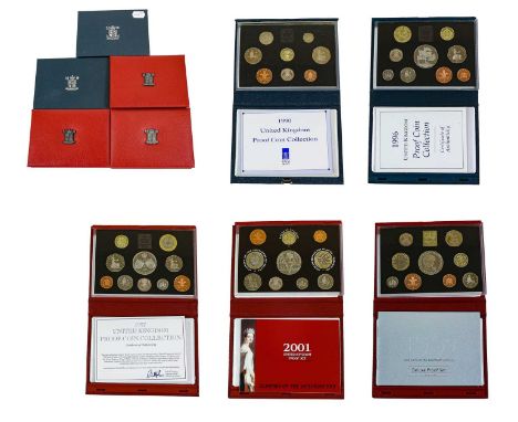 6 x UK Proof Coin Sets, to include: 1990 presentation case 8-coin set, comprising £1 'Welsh Leek', 50p, 20p, 10p, 5p (old), 5