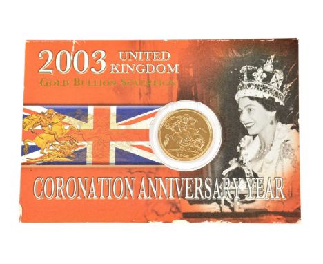 Elizabeth II Sovereign 2003, obv. Rank-Broadley portrait of the Queen, rev. Pistrucci, in Royal Mint Coronation Anniversary Y