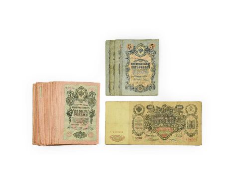 Large Quantity of Imperial Russian Banknotes, to include: 17 x 25 roubles 1909, obv. facing portrait of Alexander III; 12 x 5